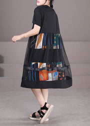 Fine Black O-Neck Tulle Patchwork Print Cotton Party Dress Short Sleeve