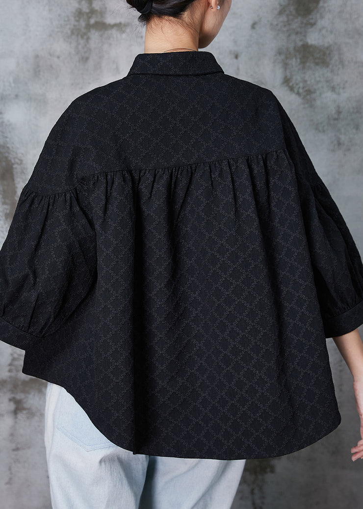 Fine Black Oversized Jacquard Silk Shirt Top Bracelet Sleeve