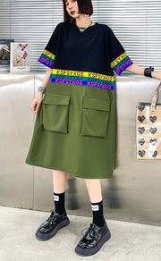 Fine Black Patchwork Green Pockets Holiday Summer Cotton Dress - bagstylebliss