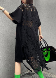 Fine Black Patchwork Lace Pockets Ankle Summer Cotton Dress - bagstylebliss