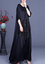 Fine Black Patchwork Print O-Neck Silk Summer Dresses - bagstylebliss