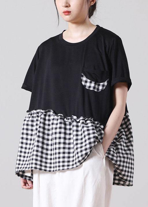 Fine Black Patchwork asymmetrical design Ruffled Cotton Short Sleeve Summer Shirt Top - bagstylebliss