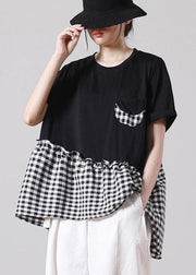 Fine Black Patchwork asymmetrical design Ruffled Cotton Short Sleeve Summer Shirt Top - bagstylebliss
