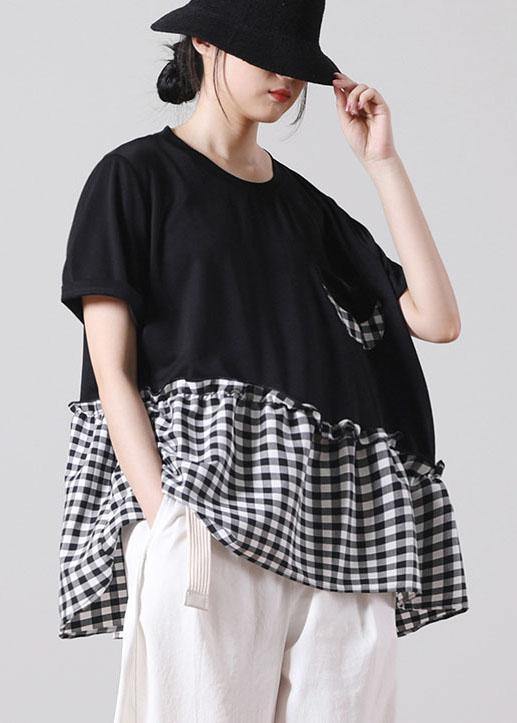 Fine Black Patchwork asymmetrical design Ruffled Cotton Short Sleeve Summer Shirt Top - bagstylebliss