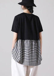 Fine Black Patchwork asymmetrical design Ruffled Cotton Short Sleeve Summer Shirt Top - bagstylebliss