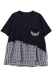 Fine Black Patchwork asymmetrical design Ruffled Cotton Short Sleeve Summer Shirt Top - bagstylebliss