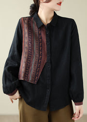 Fine Black Peter Pan Collar Print Button Linen Shirts Long Sleeve