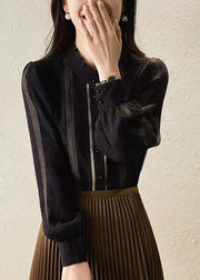 Fine Black Stand Collar Button Ruffled Patchwork Chiffon Tops Long Sleeve