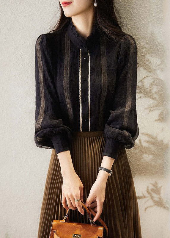 Fine Black Stand Collar Button Ruffled Patchwork Chiffon Tops Long Sleeve