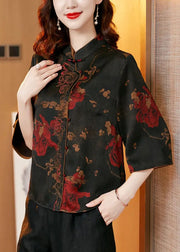 Fine Black Stand Collar Print Silk Two Piece Set Women Clothing Half Sleeve