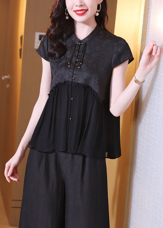 Fine Black Stand Collar Tasseled Patchwork Silk Shirt Tops Summer