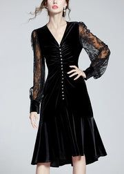 Fine Black V Neck Embroidered Tulle Patchwork Slim Velour Fishtail Dresses Spring