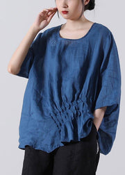 Fine Blue Embroideried Cotton Linen Blouses Summer - bagstylebliss