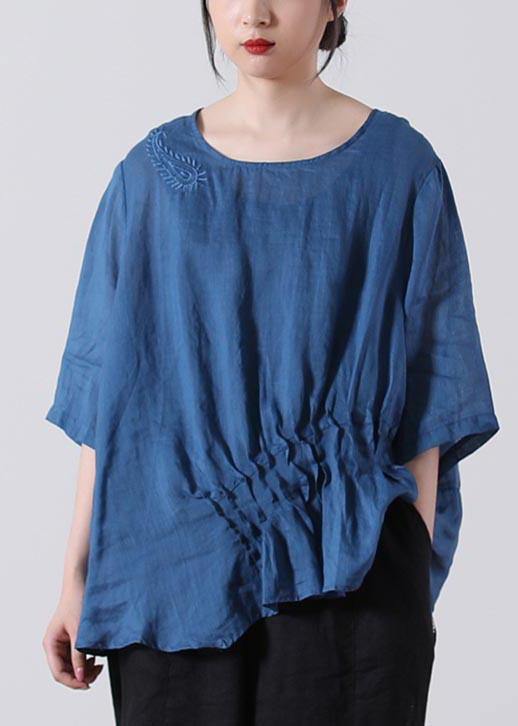 Fine Blue Embroideried Cotton Linen Blouses Summer - bagstylebliss