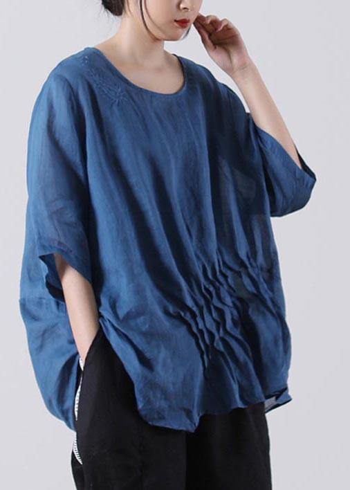 Fine Blue Embroideried Cotton Linen Blouses Summer - bagstylebliss