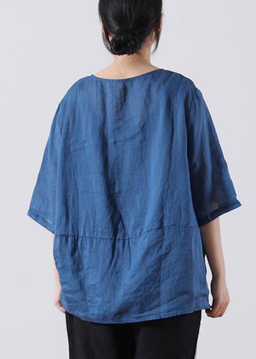 Fine Blue Embroideried Cotton Linen Blouses Summer - bagstylebliss