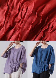 Fine Blue Embroideried Cotton Linen Blouses Summer - bagstylebliss