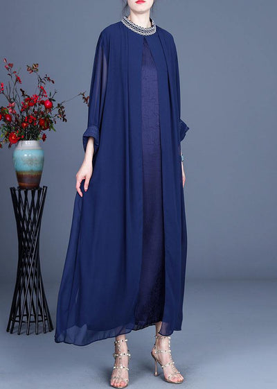 Fine Blue Embroidery long Maxi Summer Spring Chiffon Dress - bagstylebliss