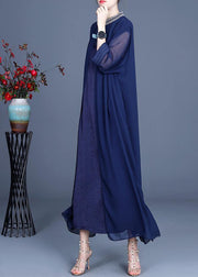 Fine Blue Embroidery long Maxi Summer Spring Chiffon Dress - bagstylebliss