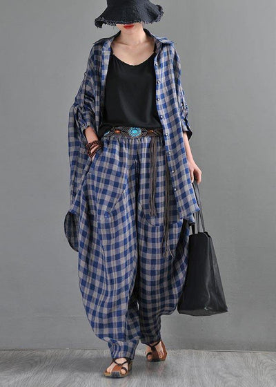 Fine Blue Grey Plaid Cotton Linen Elastic Waist Harem Summer Pants - bagstylebliss