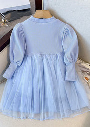 Fine Blue Knit Patchwork Sequins Diamond Tulle Girls Long Dress Fall