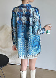 Fine Blue O Neck Zircon Print Mink Hair Knitted Blouse Tops Spring