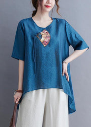 Fine Blue Oriental Cotton Linen Summer Tee - bagstylebliss