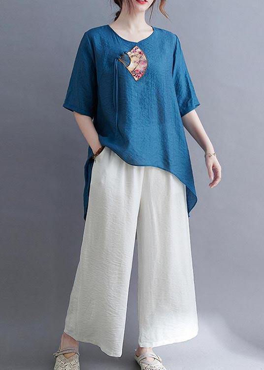 Fine Blue Oriental Cotton Linen Summer Tee - bagstylebliss