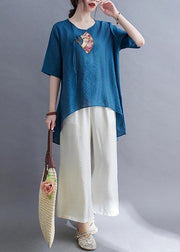 Fine Blue Oriental Cotton Linen Summer Tee - bagstylebliss