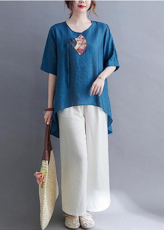 Fine Blue Oriental Cotton Linen Summer Tee - bagstylebliss