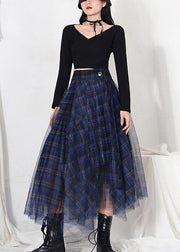 Fine Blue Plaid Button Asymmetrical Summer Skirt - bagstylebliss