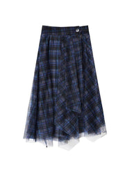 Fine Blue Plaid Button Asymmetrical Summer Skirt - bagstylebliss