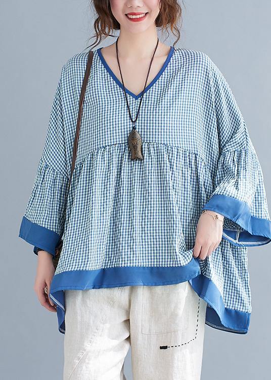 Fine Blue Plaid Patchwork flare sleeve Top Spring Summer - bagstylebliss