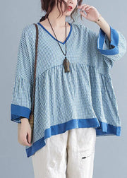 Fine Blue Plaid Patchwork flare sleeve Top Spring Summer - bagstylebliss