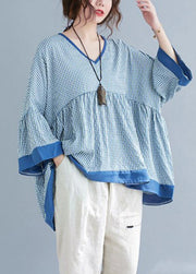 Fine Blue Plaid Patchwork flare sleeve Top Spring Summer - bagstylebliss