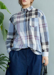 Fine Blue Plaid Print Pockets Button Fall Shirt Long Sleeve - bagstylebliss