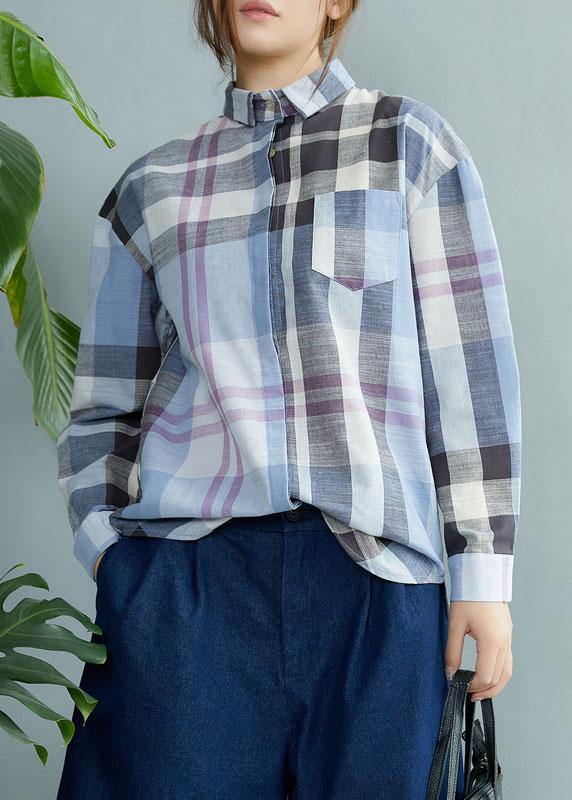 Fine Blue Plaid Print Pockets Button Fall Shirt Long Sleeve - bagstylebliss