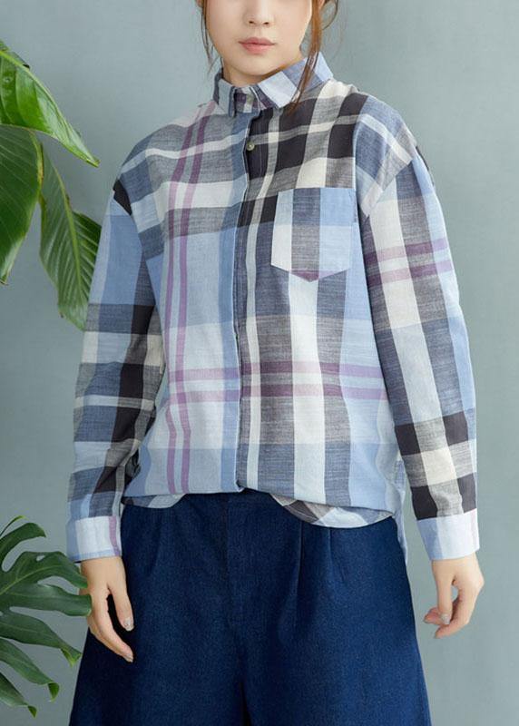 Fine Blue Plaid Print Pockets Button Fall Shirt Long Sleeve - bagstylebliss