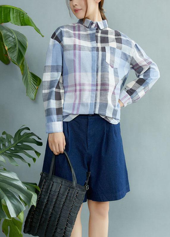 Fine Blue Plaid Print Pockets Button Fall Shirt Long Sleeve - bagstylebliss