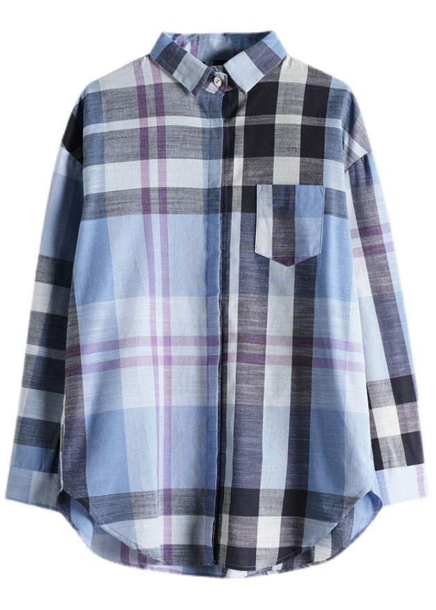 Fine Blue Plaid Print Pockets Button Fall Shirt Long Sleeve - bagstylebliss