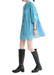 Fine Blue Print Stand Collar Asymmetrical Design  Half Sleeve Top - bagstylebliss