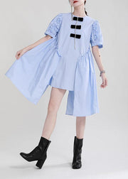 Fine Blue Puff Sleeve Asymmetrical Design Summer Vacation Dress Short Sleeve - bagstylebliss