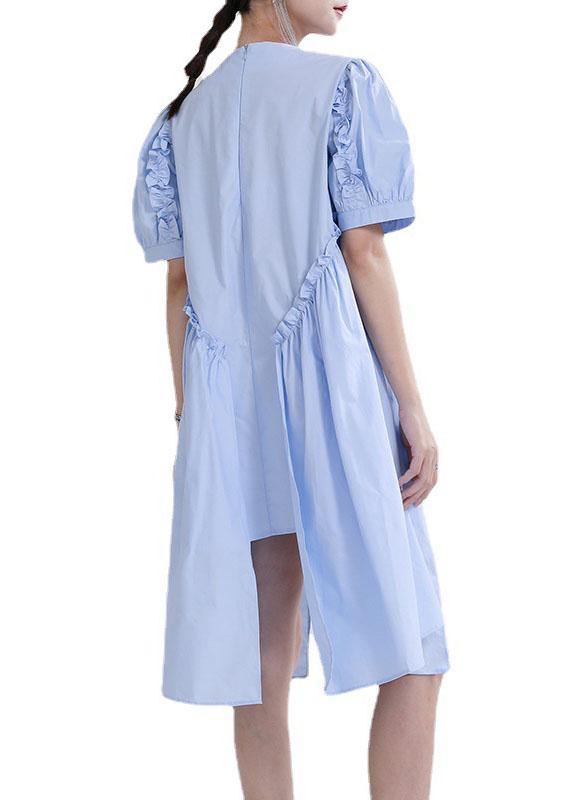 Fine Blue Puff Sleeve Asymmetrical Design Summer Vacation Dress Short Sleeve - bagstylebliss