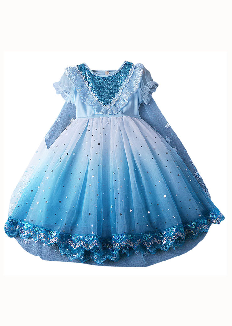 Fine Blue Ruffled Sequins Lace Patchwork Tulle Baby Girls Princess Dress Summer