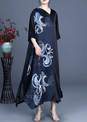 Fine Blue V Neck Asymmetrical Design Summer Silk  Ankle Dress - bagstylebliss