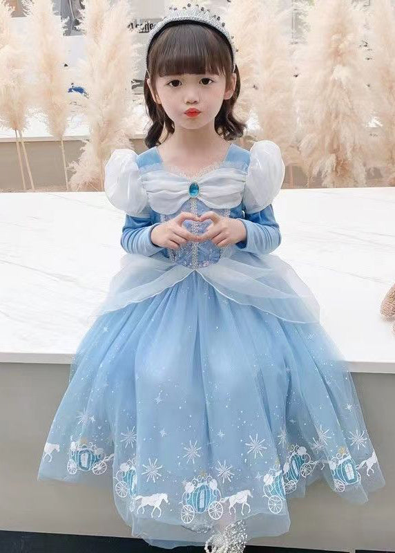 Fine Blue Wrinkled Cartoon Patchwork Tulle Kids Girls Princess Dress Fall