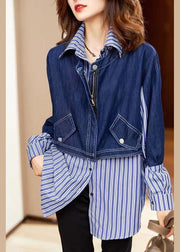 Fine Blue button Peter Pan Collar denim Patchwork Striped Shirts Spring