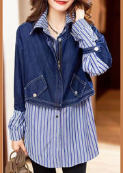 Fine Blue button Peter Pan Collar denim Patchwork Striped Shirts Spring