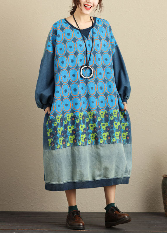 Fine Blue pockets print Patchwork loose Jumpsuit Spring