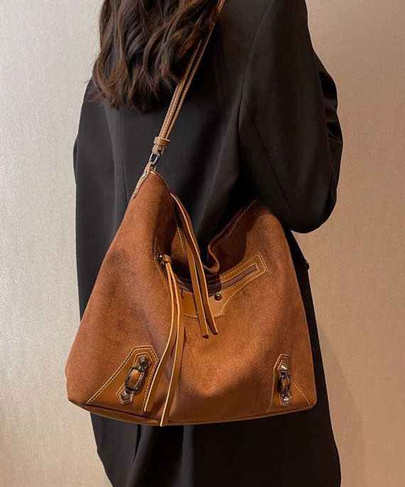 Fine Brown Rivet Patchwork Zip Up Faux Leather Satchel Handbag